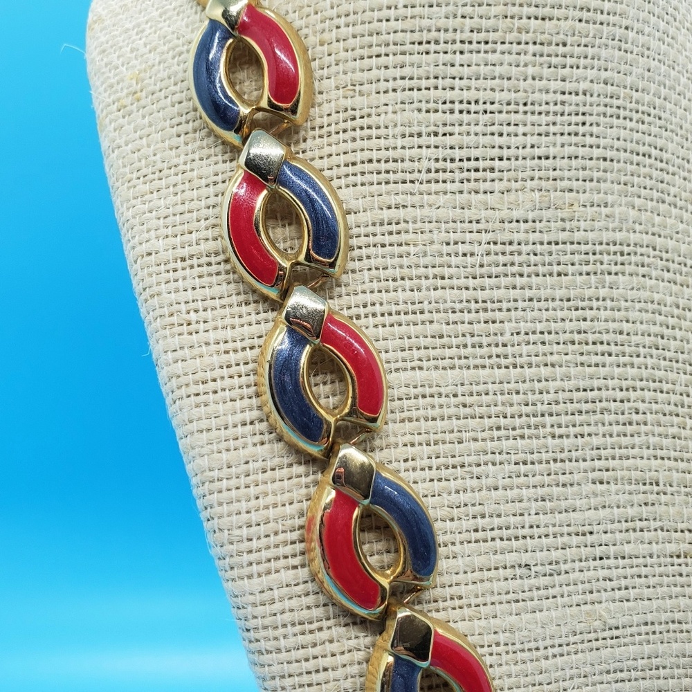 VINTAGE goldtone blue and deep pink abstract design necklace Classic - Picture 7 of 7